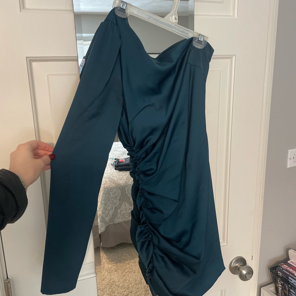 Happy Hour Chic Emerald Satin Ruched One-Shoulder Mini Dress